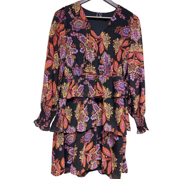 Vero Moda Women's Black Floral Long Sleeve V-Neck Short Dress Ruffle Size Small - Picture 1 of 6